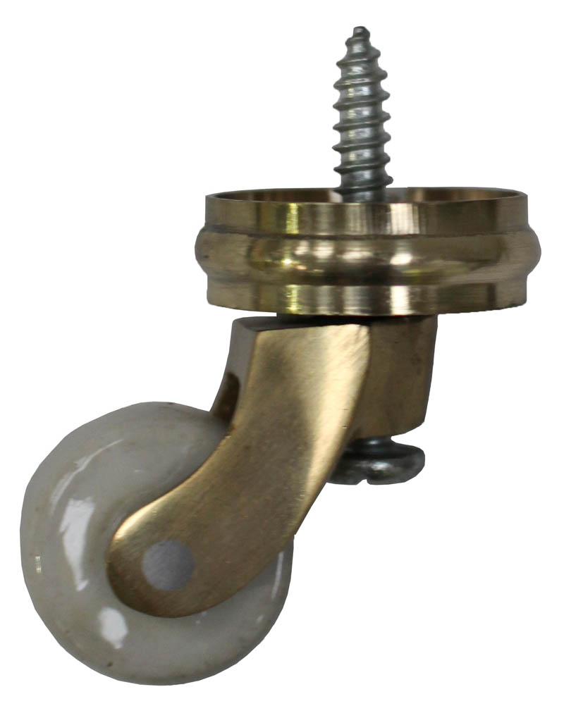 Brass Screw Castor with White Ceramic Wheel and Round Embellisher 25mm