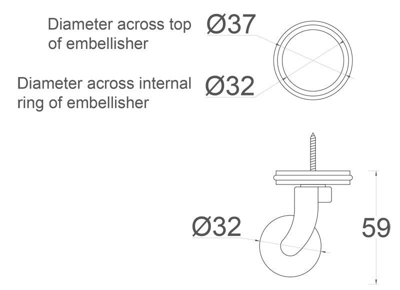 Brass Screw Castor with White Ceramic Wheel and Round Embellisher